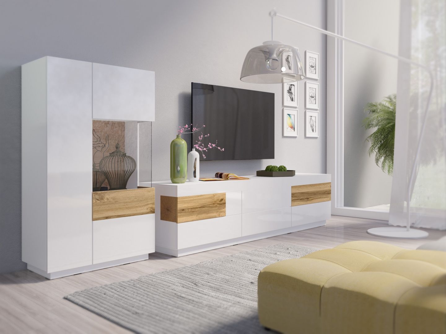 TV komoda 200 SILKE Bílá - Dub Wotan